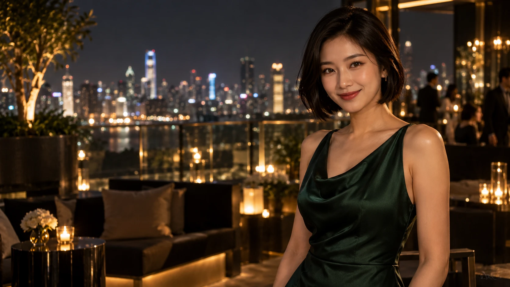 A short-haired woman in a green dress on a rooftop terrace at night, city lights behind her