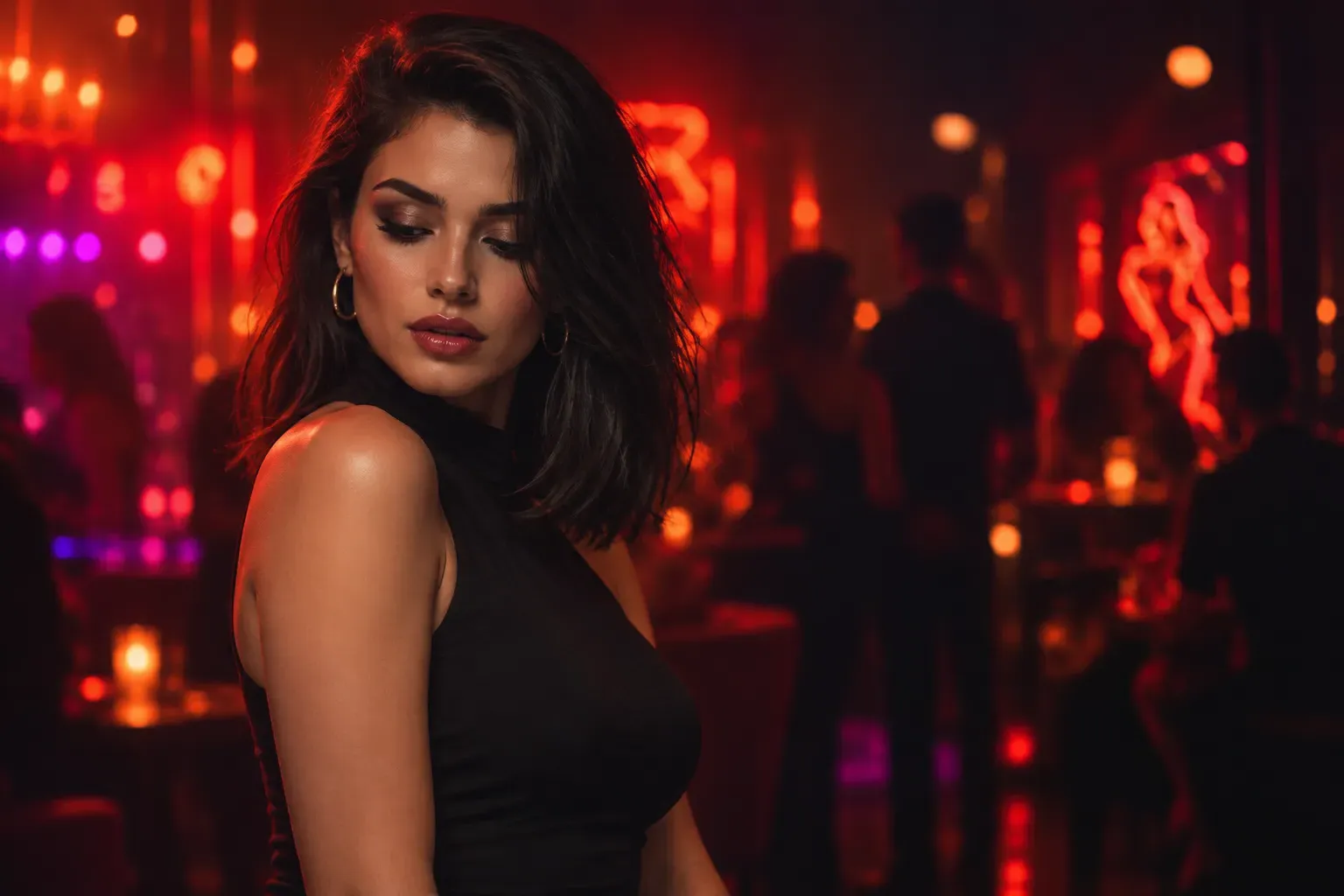 A dark-haired woman in a black top, red and purple neon lights behind her
